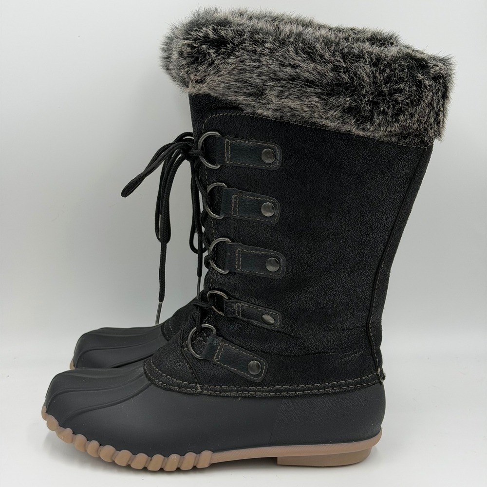 Yuu Fiona Black Faux Fur Trim Lace Up Duck Boots Womens Size 6 M Winter Mid Calf - Picture 1 of 12